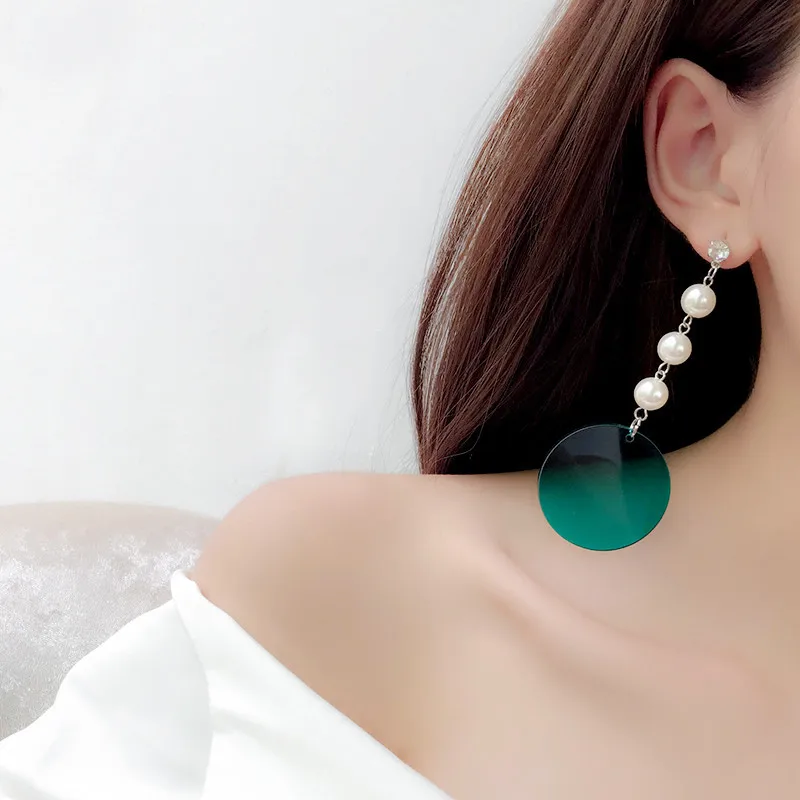 

European Fashion Personality Transparent Color Acrylic Geometric Round Pearl Long Tassel Earrings For Women