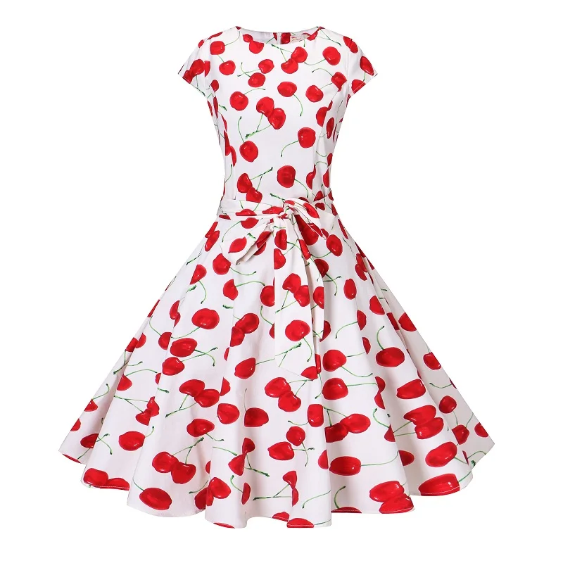 Cherry Floral Print Vintage Dress Short Sleeve Flower Retro Dresses For