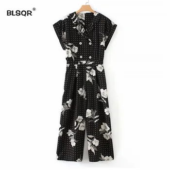 

Women Dots Floral Print Jumpsuits Turn-down Collar Short Sleeve Vintage Double Breasted Rompers Retro Playsuits Mujer
