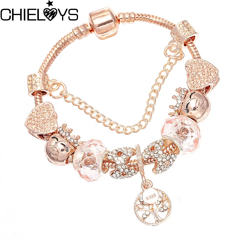 

CHIELOYS Charm Bracelet & Bangle DIY Tree of life Pendant & RoseGold Crystal Glass Beads Brand Bracelet For Women Jewelry Gift