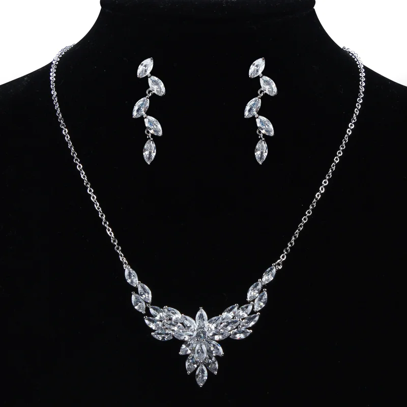 

Necklace&Earring Jewelry Women Wedding Bridal Sparkling Leaf Flower Cubic Zircon Shining Jewelry Sets