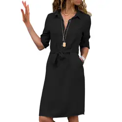 Новое Женское платье с рукавами 3/4, с карманами, однотонное приталенное платье с поясом на весну, DOD886
