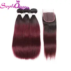 Соф queen hair бразильский T1B/99J предварительно Цветной прямые волосы Связки с закрытием Remy натуральные волосы ткань с закрытием двойной уток