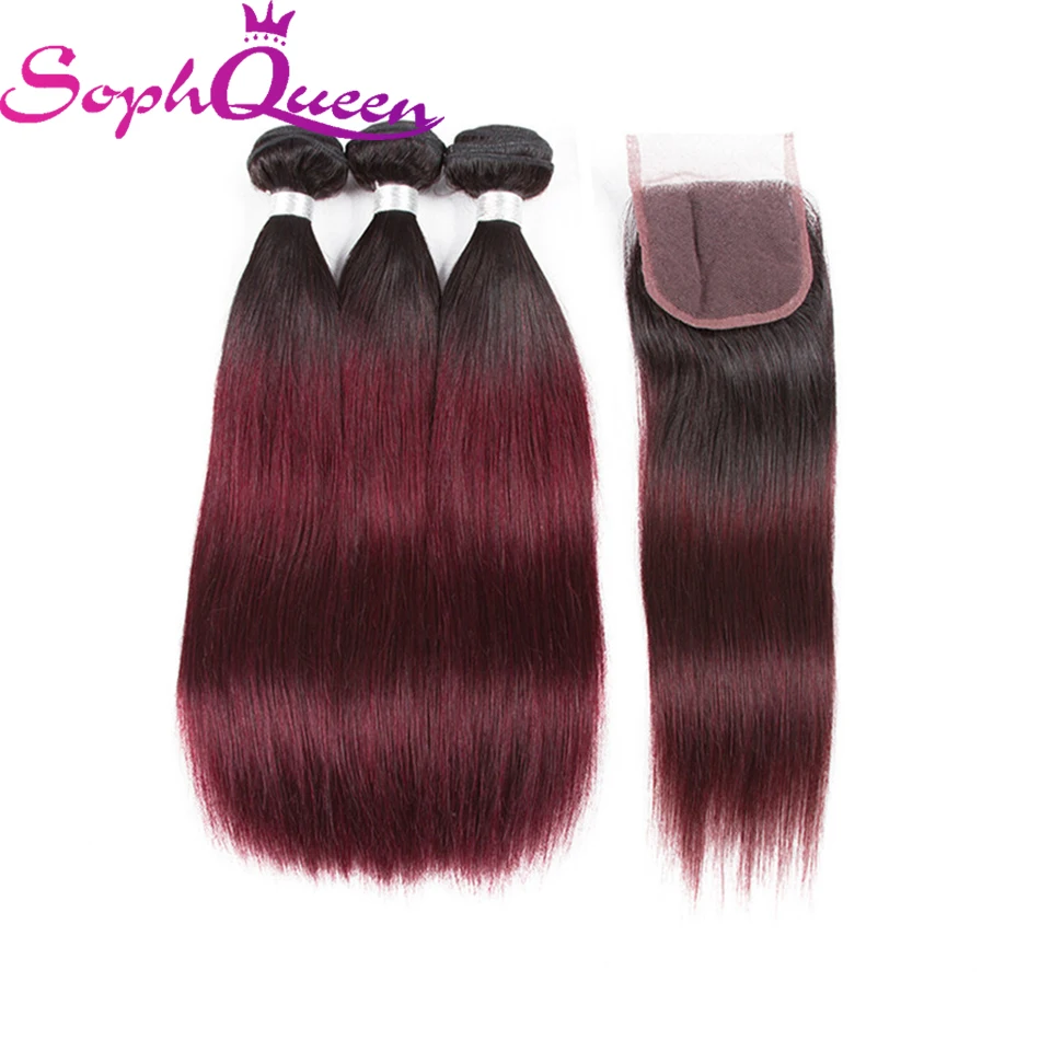 Soph Queen Hair Brazilian T1B/99J Pre-Colored Straight Hair Bundles With Closure Remy Human Hair Weave With Closure Double Weft