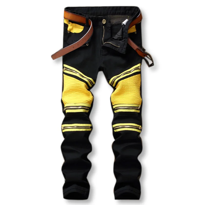 

ABOORUN Fashion Mens Biker Jeans Zippers Patchwork Motor Jeans High Quality Mens Brand Jeans Nightclub YC1301