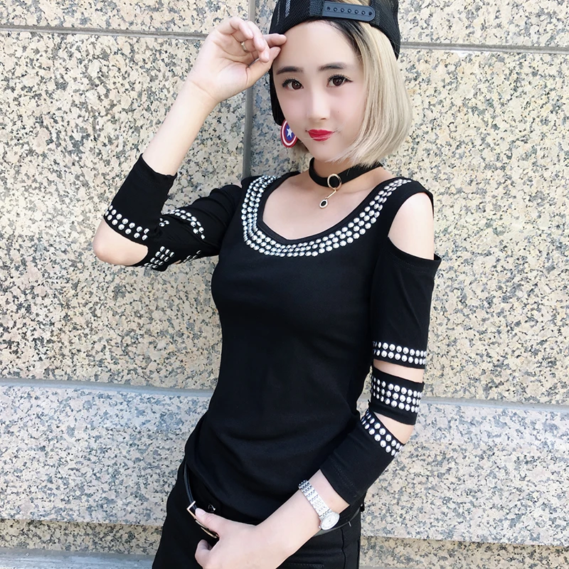 Korean Patchwork Sexy Off Shoulder Diamonds Tshirt New Autumn Women Top Three Quarter Clothes Shirt Camiseta Mujer T97210