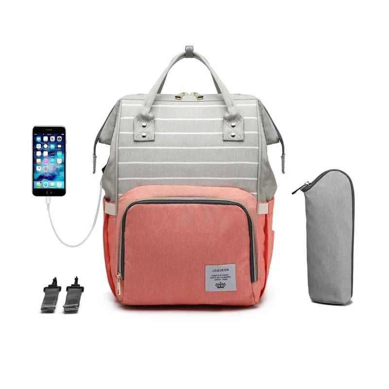 LEQUEEN Пеленки сумки USB Мумия Материнство подгузник сумка большая детская сумка Водонепроницаемые дорожные рюкзаки дизайнерские сумки для ухода за ребенком - Цвет: Pink-Stripe