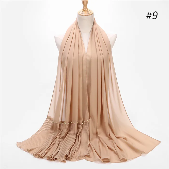 with pearl color9 Длинный шарф в стиле пэчворк, популярный шифоновый шарф с пузырьками, хиджаб с жемчужной складкой, шарф с швом, мусульманские шарфы - Цвет: with pearl color9