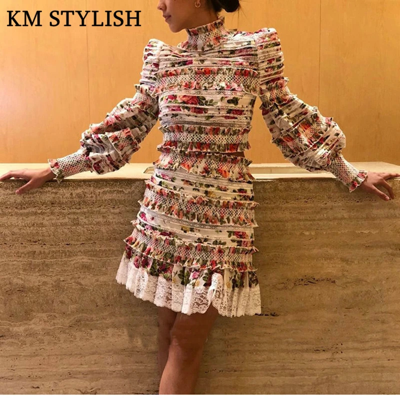 Printed Palace Style Fashion Set Women's 2018 Early Autumn New Lantern Long Sleeve Floral Shirt + Cake Half Skirt Set Women's Sets