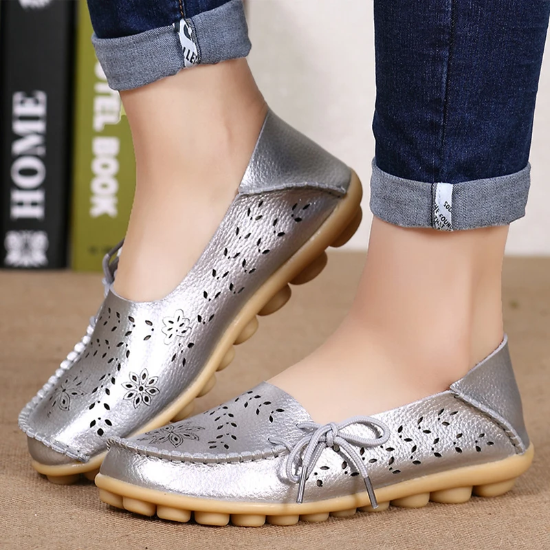 Big size 34-44 spring women flats shoes women genuine leather flats ladies shoes female cutout slip on ballet flat loafers - Цвет: Silver