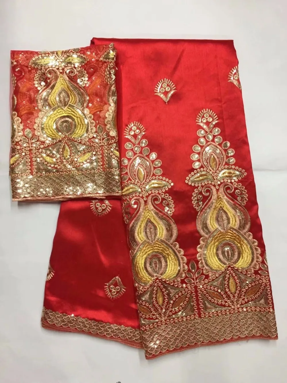 

(5+2 yards/set) high quality smooth African george lace fabric in red with shining gold sequins embroidery for party