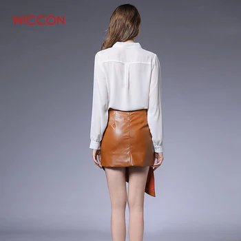 

2020 Spring Summer New Chiffon Lace Long-Sleeved Shirt High Waist Irregular PU Leather Hip Skirt Two-piece Set