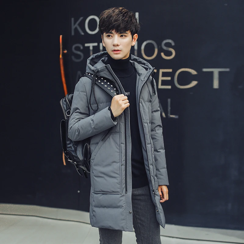 In the long winter down jacket men young Korean slim type hooded thickened size white eiderdown fashion coat