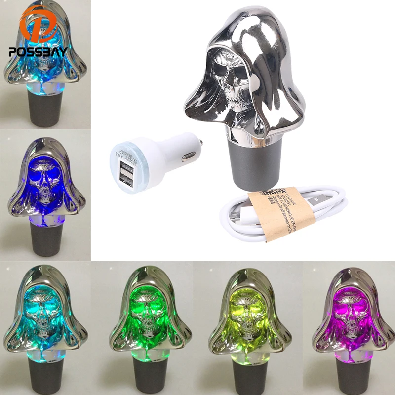 POSSBAY Multi color LED Car Gear Shift Knob Skull Wicked Carved Lighted