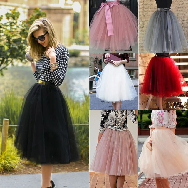 7 Capas Midi Falda de Tul para Niñas Faldas Tutú de Moda Mujer Sólido  Encaje Vestido