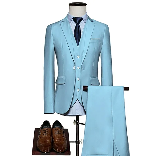 Роскошный мужской свадебный костюм, мужские блейзеры, приталенные костюмы для мужчин, деловой вечерний синий классический черный M-6XL, мужской смокинг - Цвет: 3 pieces Sky blue