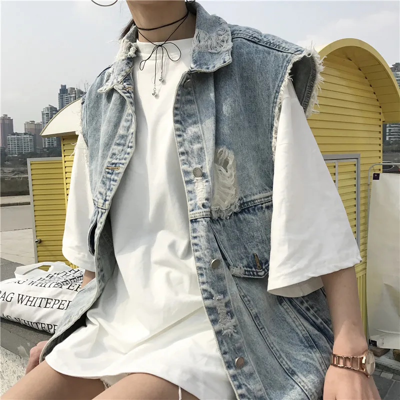 Women 2019 Spring Washed Big Hole Fringed Distressed Denim Vest Waistcoat Female Vest for Women Ssleeveless Jacket 3021