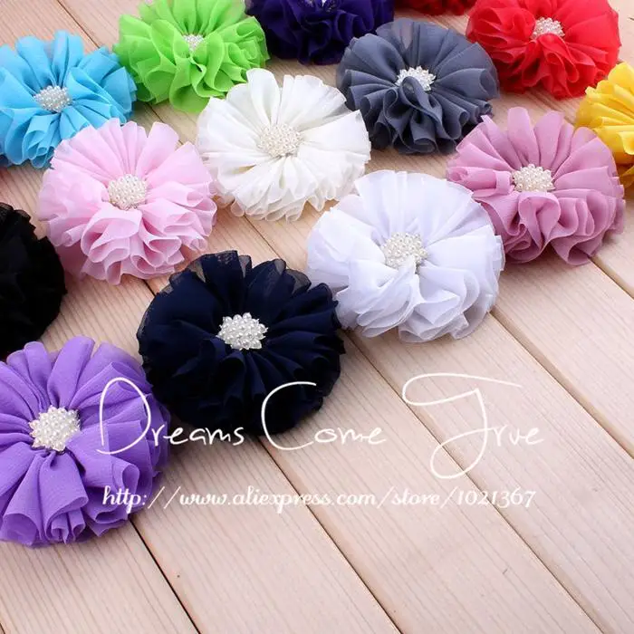 

200pcs/lot 6.5CM 15Colors Cute Handmade Chiffon Flower Accessories Artificial Fabric Wedding Decorative Flowers+Pearl Buttons