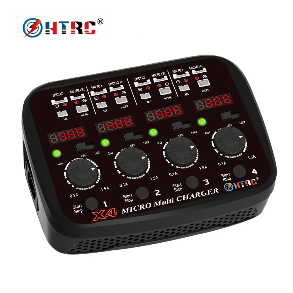 

HTRC 100-240V AC DC 4x1s 24W 1.5A Quattro 1s Lipo/Lihv Micro Battery Charger for Micro/Micro Reverse/MX/mCPX With LED Light