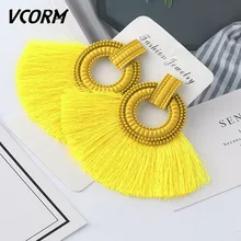 VCORM, богемные серьги с кисточками, большие висячие серьги для женщин, модные ювелирные изделия, серьги, красный, черный, хлопок, шелк, ткань, бахрома, серьги, подарок