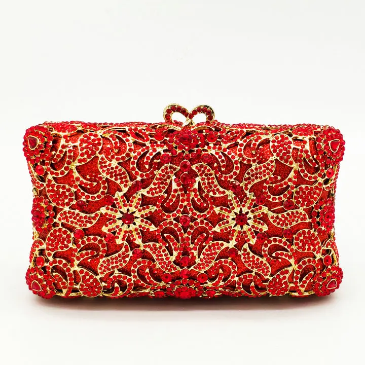Boutique De FGG элегантный цветочный женский вечерний кошелек с золотыми кристаллами и сумочка для невесты, клатч с бриллиантами, сумка для свадебной вечеринки - Цвет: Red Crystal Bag