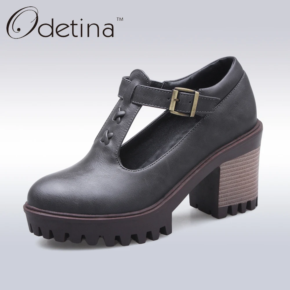 

Odetina 2017 Spring T-strap Platform Round Toe Pumps Buckle Ankle Strap Chunky High Heels Casual Sewing Shoes Big Size 33-43