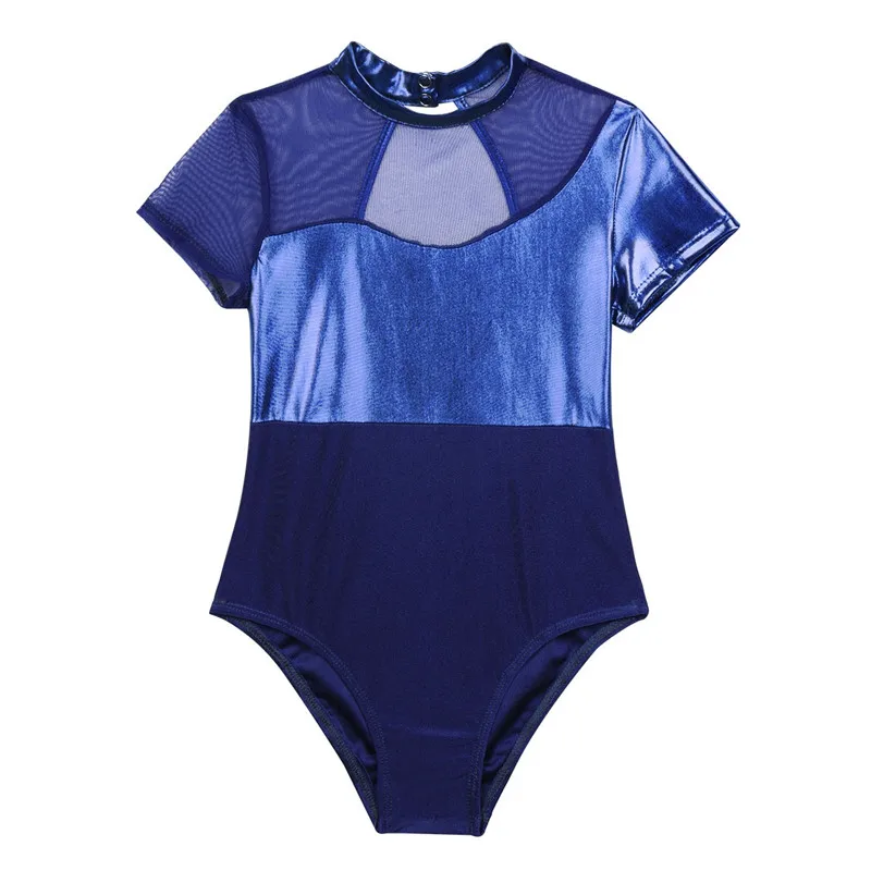 Детская одежда для девочек с короткими рукавами, с имитацией шеи, блестящая металлическая сетка, с вырезом на спине, для балета, гимнастического танца, трико-комбинезон, Одежда для танцев - Цвет: Blue