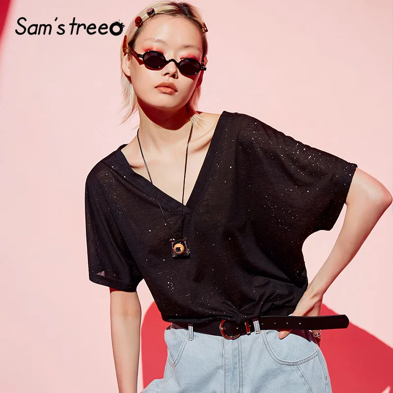 

Samstree Women Black Sequined T-shirts 2019 V-Neck Plus Size Punk Style Tees Short Sleeve Loose Summer T-Shirts Female Top