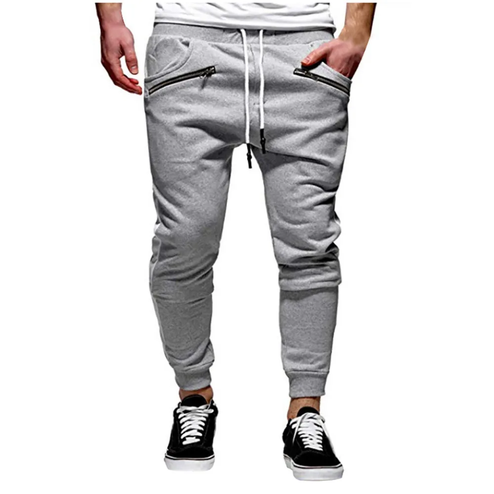 2019 Men's zipper solid color jogging pants casual pocket sports cargo pants outdoor sports harem pants men Quick drying 40J6 (3)