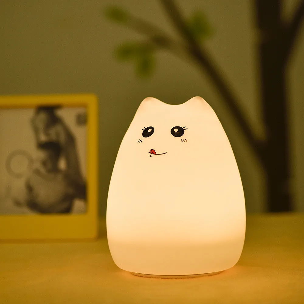 

Children Baby NightLight Lamp Creative Cute Cat LED USB Multicolor Silicone Soft Nursery Sensitive Tap Control Bedside Lamp