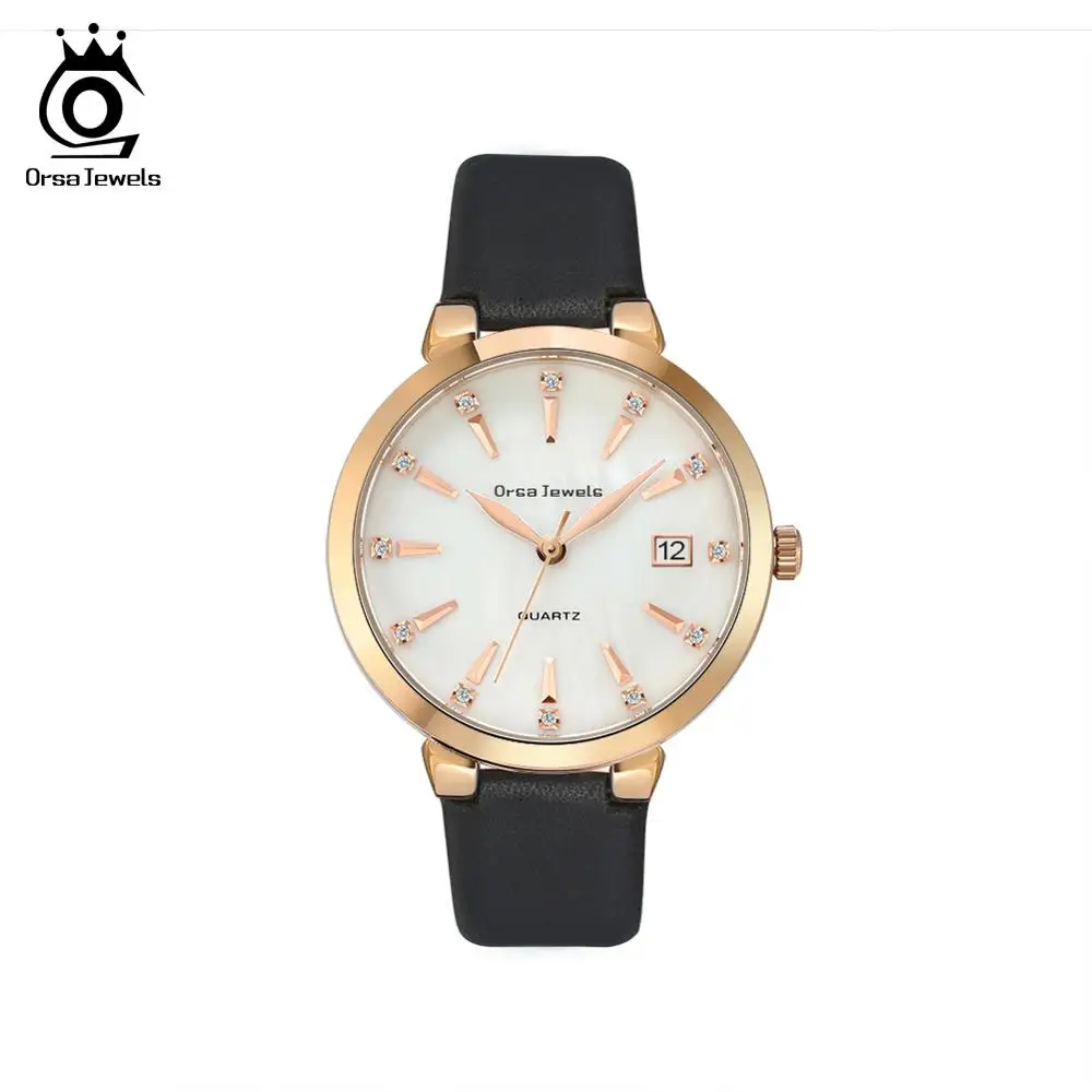 

ORSA JEWELS Women Wristwatches Quartz Crystal Ladies Watch Top Leather Band Black Red Hand Watch Waterproof Relogio Femino OOW02
