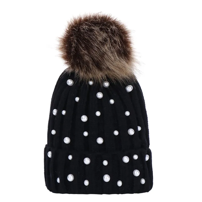 

Feitong Keep Warm Winter Hat For Women 2018 Fashion Beads Knitted Hat Feminina Beanie Hairball Thick Warm Caps