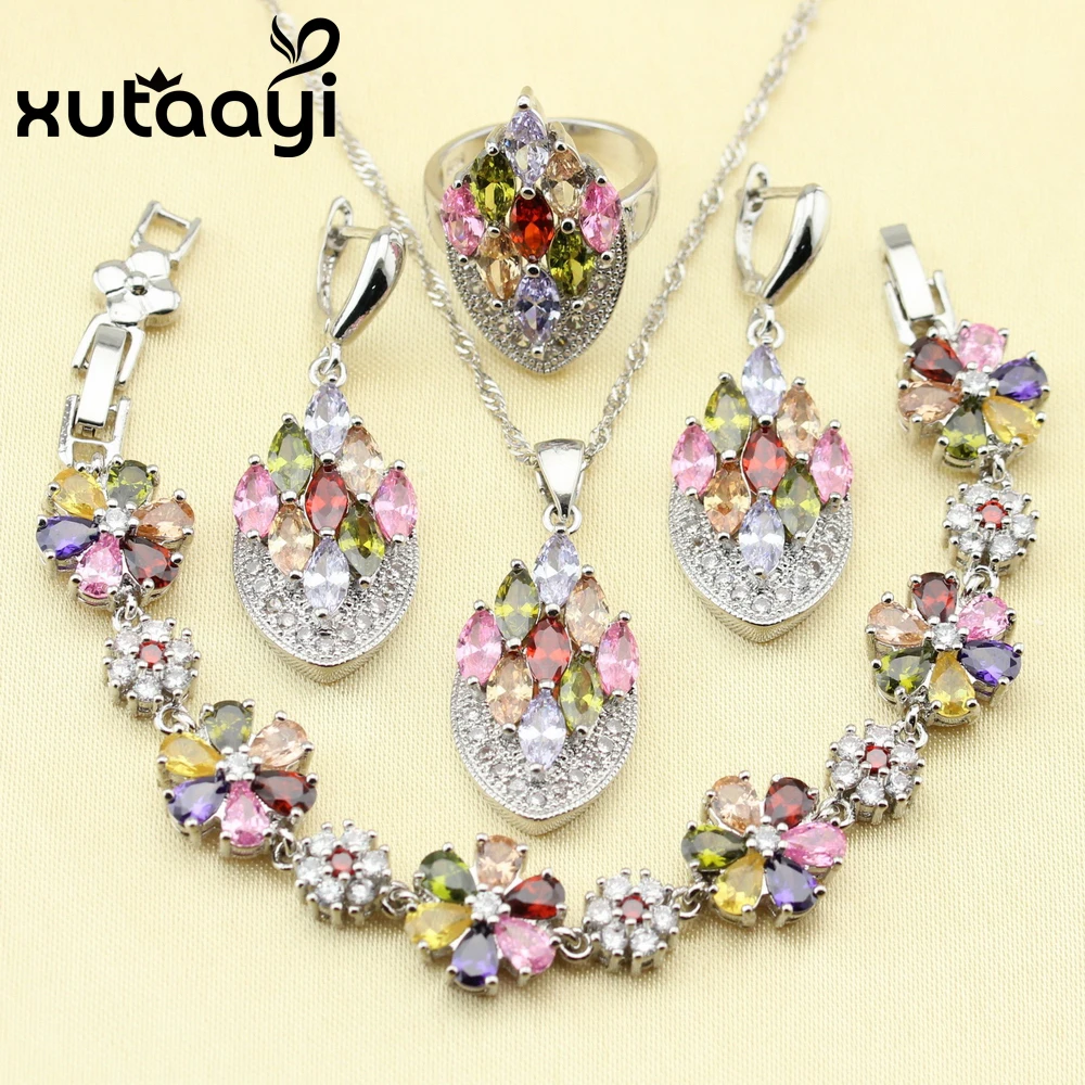 XUTAATI 4 шт. 925 пробы серебряные ювелирные изделия набор цветок красочные разноцветные камни серьги кольцо цепочки и ожерелья кулон браслет