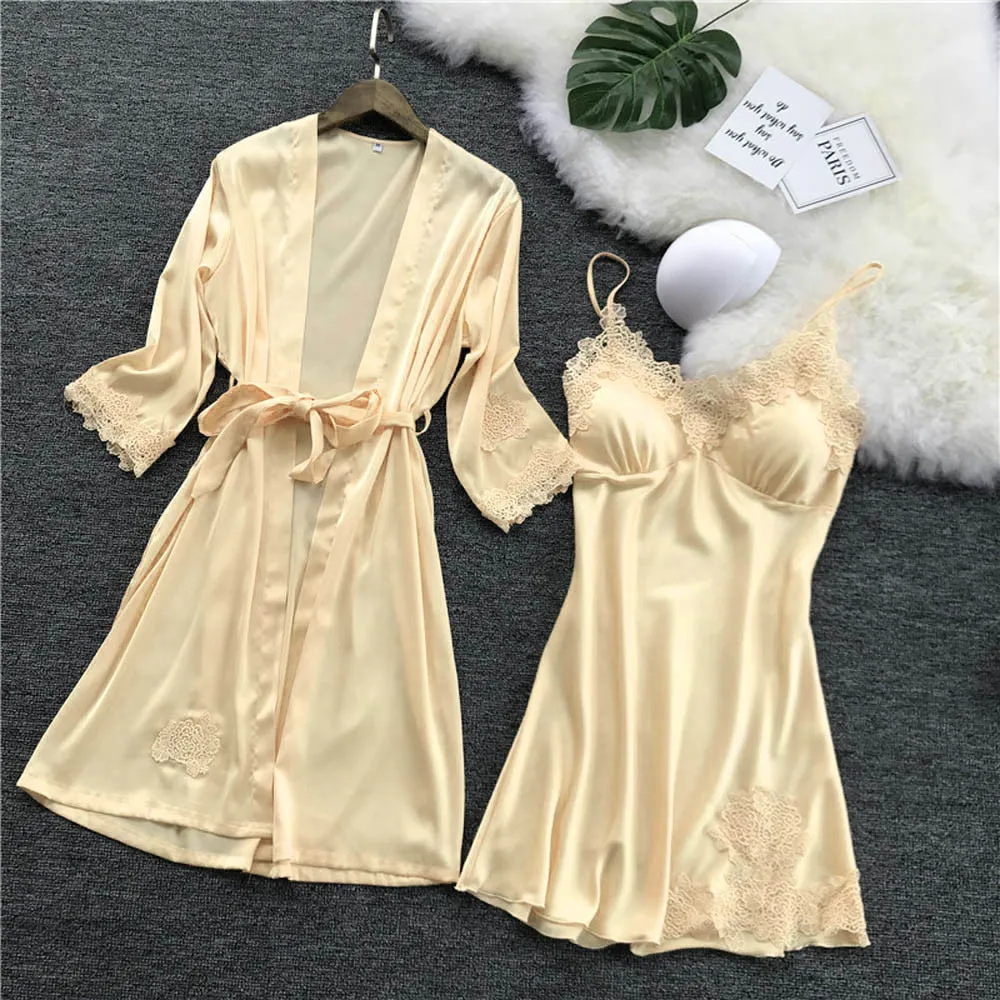 

2019 Women Silk Lace Robe Dress Babydoll Nightdress Sleepwear Kimono Set Sexy Koszula Nocna Y