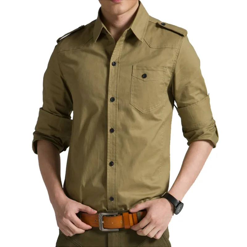 Meilleur Printemps Automne Style Militaire Hommes Chemises Casual Slim Coton À Manches Longues Hommes Chemise