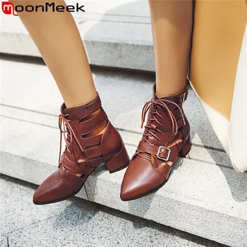 

MoonMeek large size 34-46 new summer shoes pointed toe ankle boots for women square heels lace up ladies shoes women boots 2020