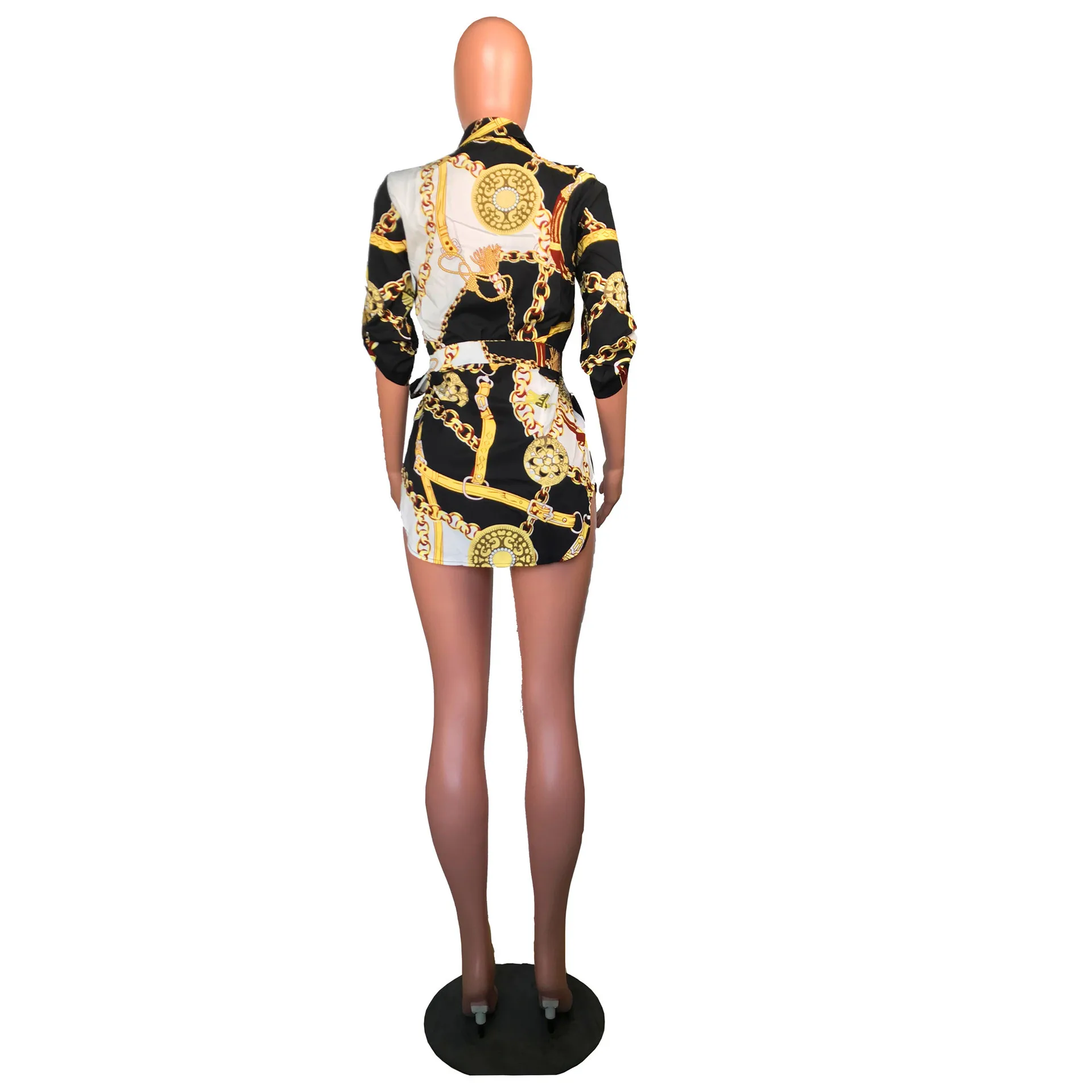 Стильное женское платье с v-образным вырезом, три четверти, выше колена, Мини модное, с принтом, из кусков, узкое, с поясом, женское платье