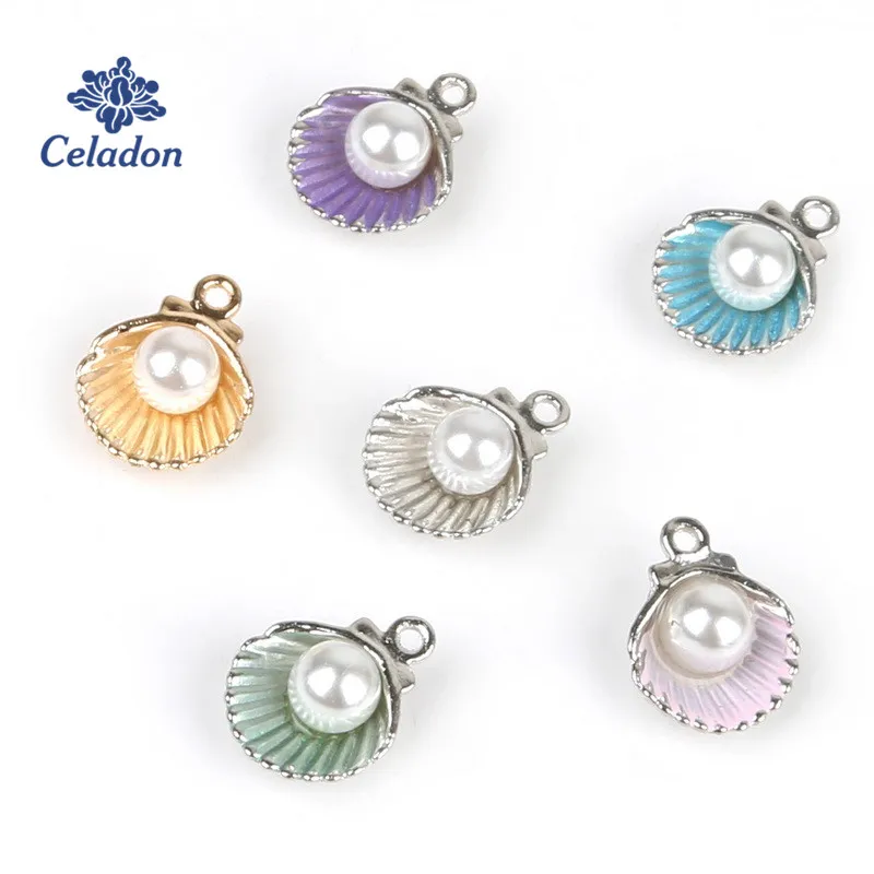 

10-12pcs 11x15mm Alloy Metal Shell Pendant Imitation Pearl Charms for Jewelry Making Fit DIY Handmade Earring Necklace