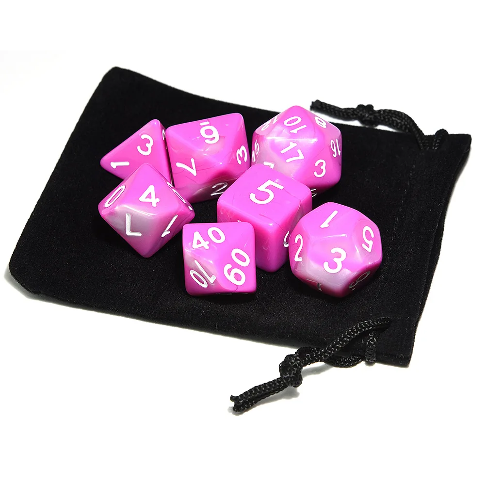 Фиолетовые и черные многогранные кости с золотым номером с мешочком D4 D6 D8 D10 D% D12 D20 для ролевых игр DnD - Цвет: 07 Pink White