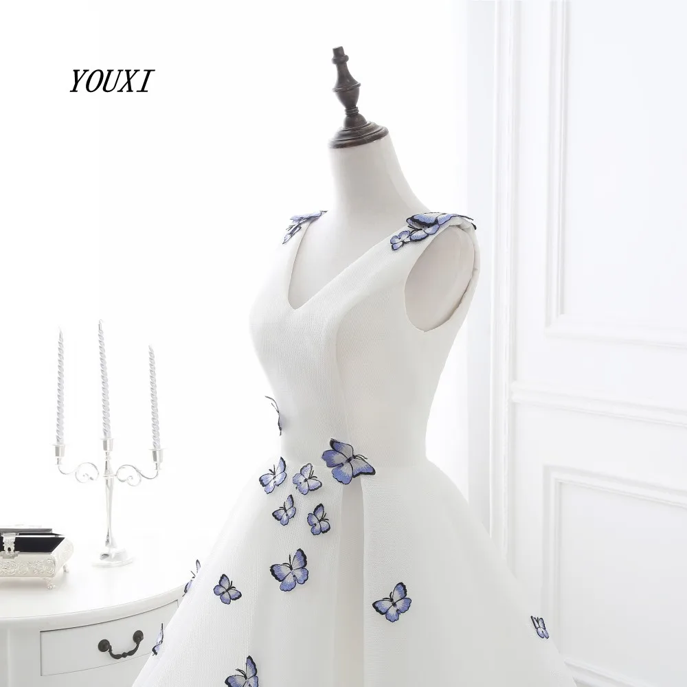Короткие платья для выпускного с v-образным вырезом белые синие цветы реальные фотографии платье для вечеринки, официального приема YOUXI