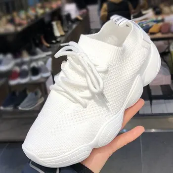 

Women Vulcanized Shoes 2019 Summer Causal Pink Elastic Mesh Ladies Sneakers Platform Female Lace-up Shoes for Feminino