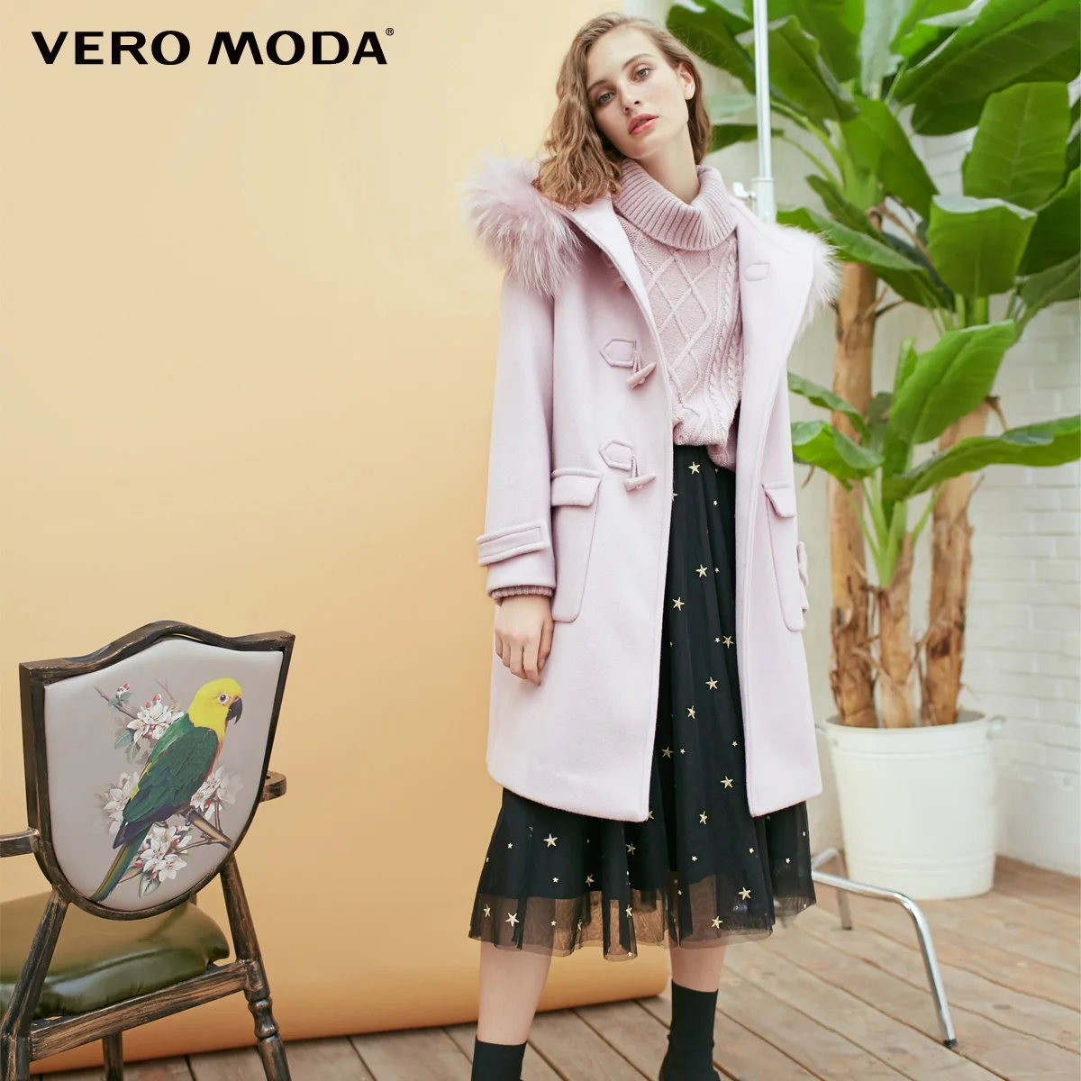 Vero Moda меховой воротник 80% шерсти с капюшоном Тедди Стиль длинное шерстяное пальто | 318327512 - Цвет: Lt. pale ling flower