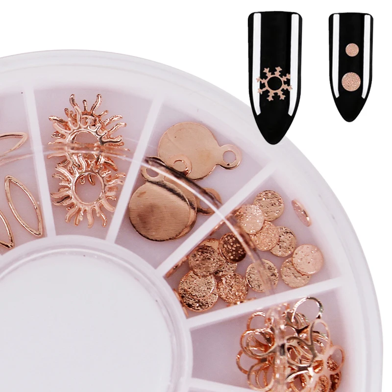 Розовое золото металлические украшения для ногтей искусство украшения солнца Снежинка листьев конструкции 3D Типсы для маникюра DIY ногтей украшения в колеса