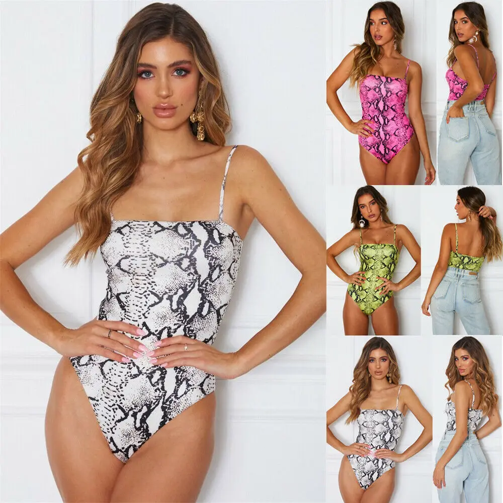 Women Fashion One-piece Swimsuit Snakeskin Pattern Bodysuit Romper Swimwear