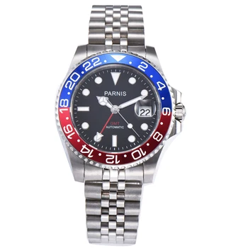 

40mm PARNIS black dial Pepsi bezel Sapphire glass date GMT automatic mens watch