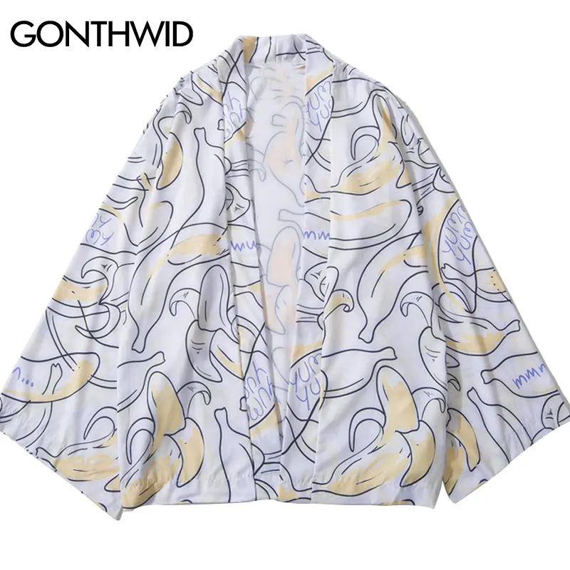 GONTHWID банан печати японское кимоно кардиган Haori куртки летние мужские Harajuku