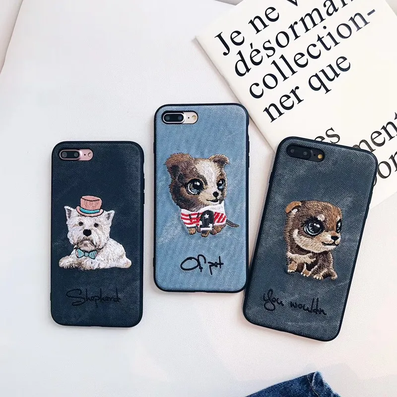 

Cute Cute Pet Embroidery Dog for iphone 6 6s 7 8 6plus 6splus 7plus 8plus Soft Side Denim Cover