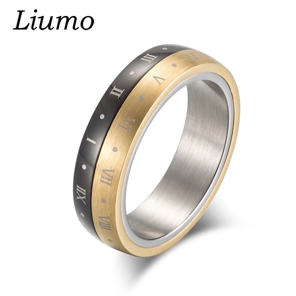 

Liumo Fashion Gold Black Color Spinner Rotate Roman Numerals Numbers 316L Titanium Stainless Steel Men Biker Ring Lr454