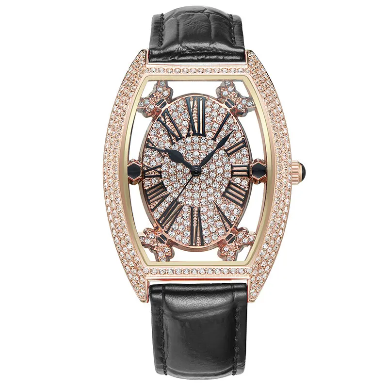 FUYIJIA новое пустое ведро тип Женские часы кожаный ремень женские кварцевые часы розовое золото Полный алмаз римские цифры модные часы - Цвет: Black