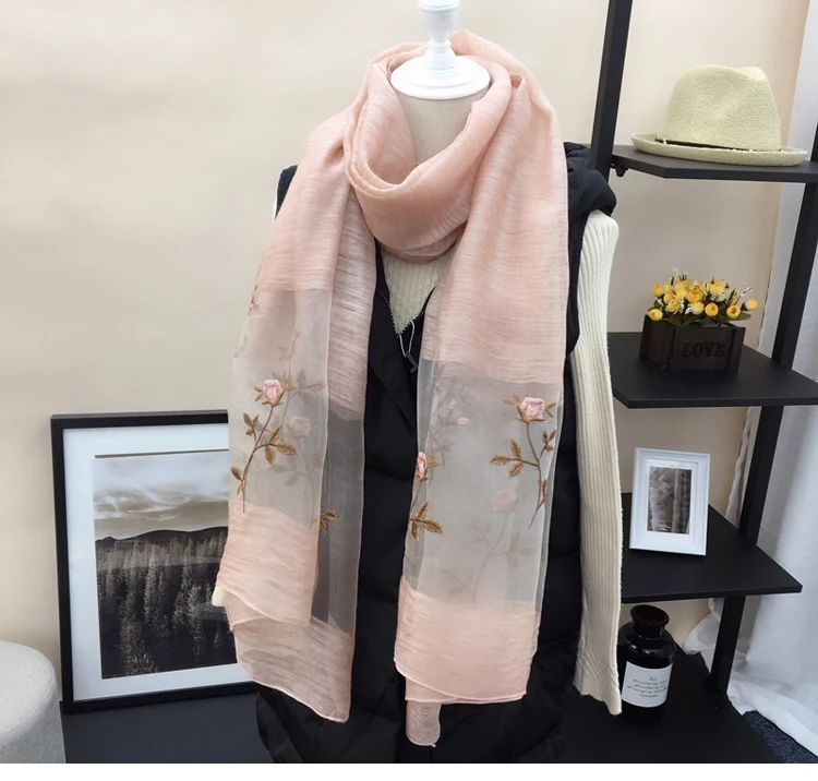 Высококачественный шелк из Ханчжоу розовый вышивка серый/розовый/синий шерстяной Шелковый женский шарф шаль Размер: 85*200 см(Химчистка